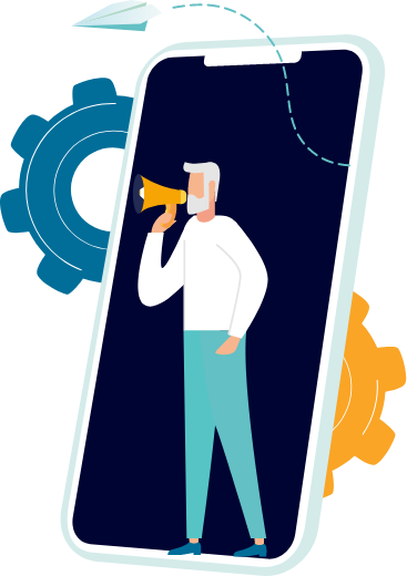 Man speaking in megaphone in smartphone