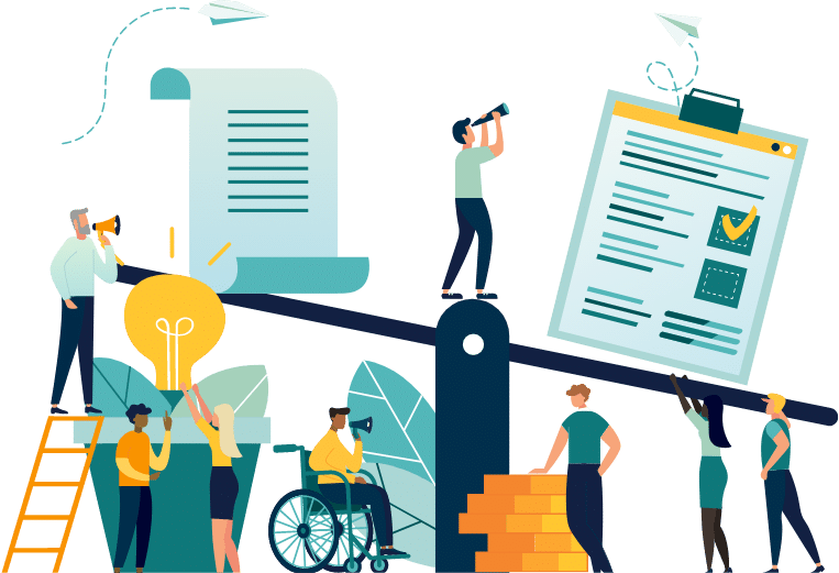 Giant scale measuring documents with multiple people around
