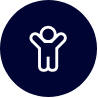 Dark blue circle with a person holding their arms up in the center