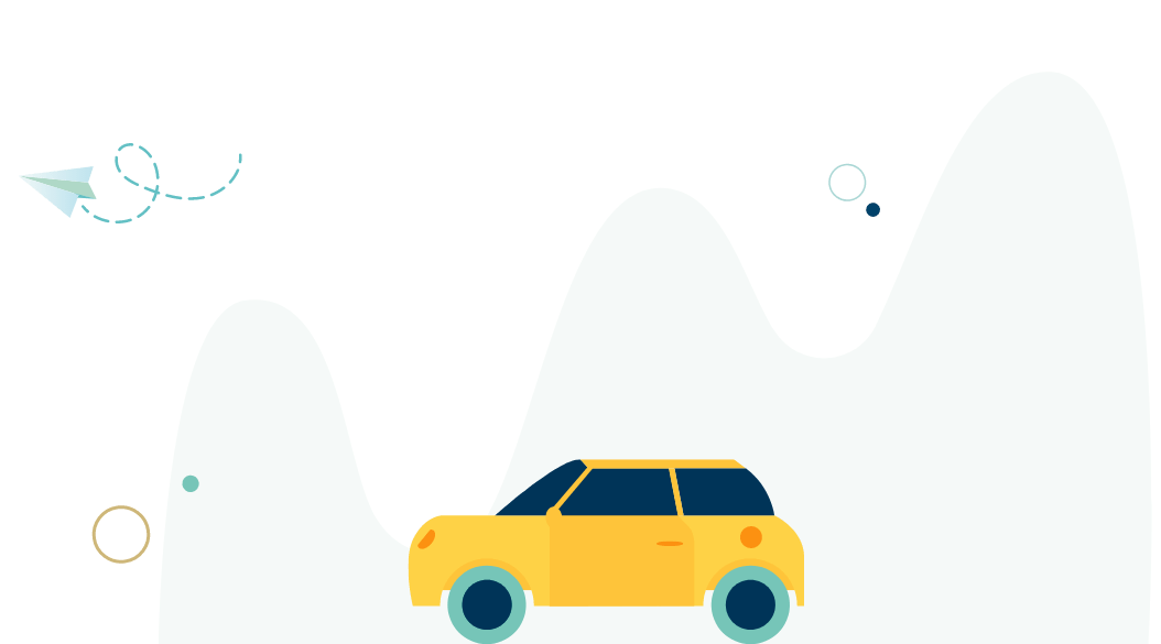 Drawing of a yellow car with circles and paper airplane icon
