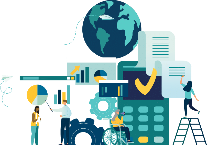 AIRINC-International Tax Guide-Global data People standing next to a globe, card reader and graphs