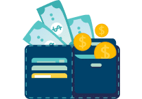 a blue wallet full of paper money, coins, and cards