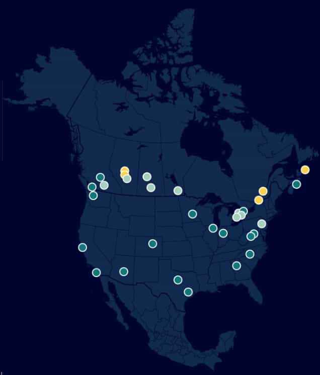 map of the United States, Canada, and Mexico with data points
