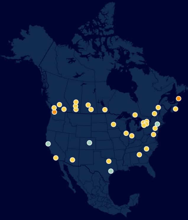 map of the United States, Canada, and Mexico with data points