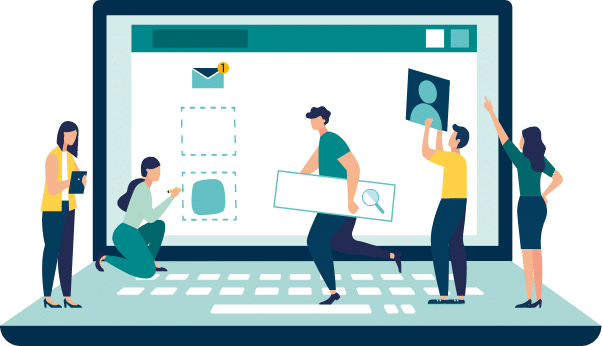 a bunch of people walking and working on a giant laptop illustration