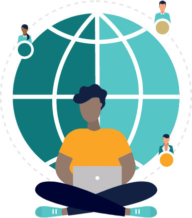 man working on a laptop and a giant globe behind him illustration
