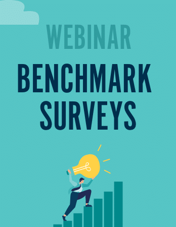 illustration of a man carrying a giant lightbulb up stairs and the text above him saying webinar benchmark surveys