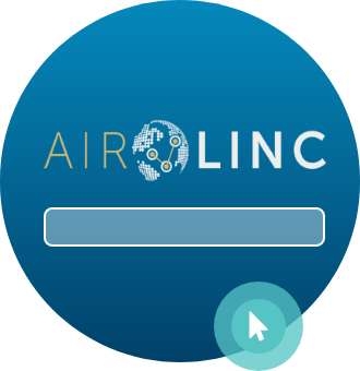 Dark blue circle with AIRINC logo and white cursor